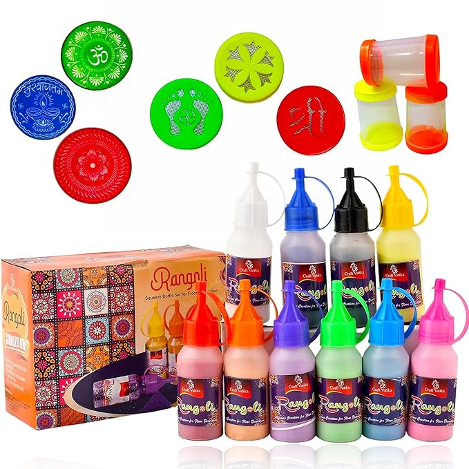CraftVatika Rangoli Making Tools Kit Set of 10 Rangoli Powder Bottles Tubes with Nozzles