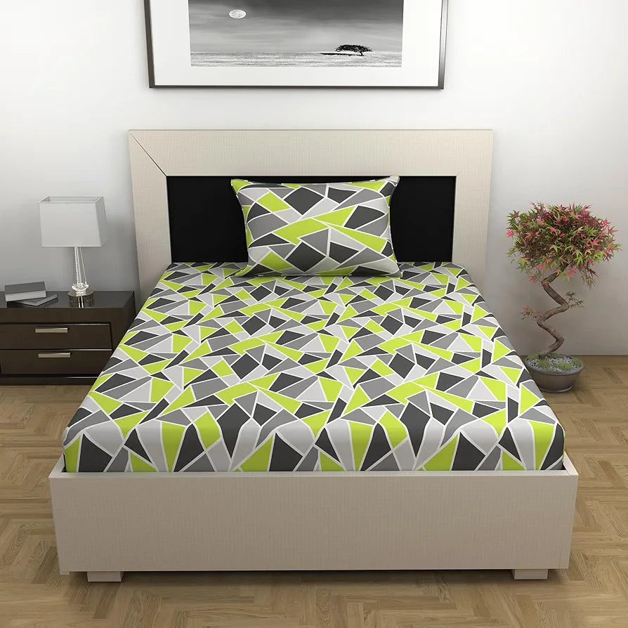 Divine Casa 100% Cotton Bedsheet for Single Bed, 144 TC Bedsheet Single Size Bed Cotton with 1 Pillow Cover Lime Grey