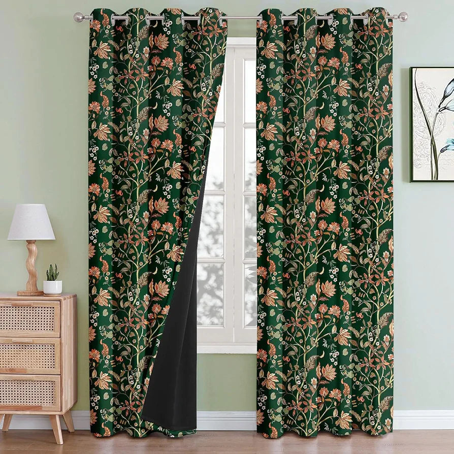 Cloth Fusion Blackout Printed Premium Door Curtains 7 Feet Long Set of 2 Green Dream