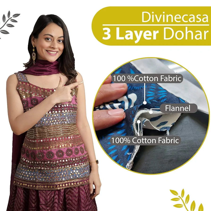 Divine Casa 100% Cotton Reversible Double Dohar Lightweight & Breathable AC Blanket Colour Geometric Silver & Lemon