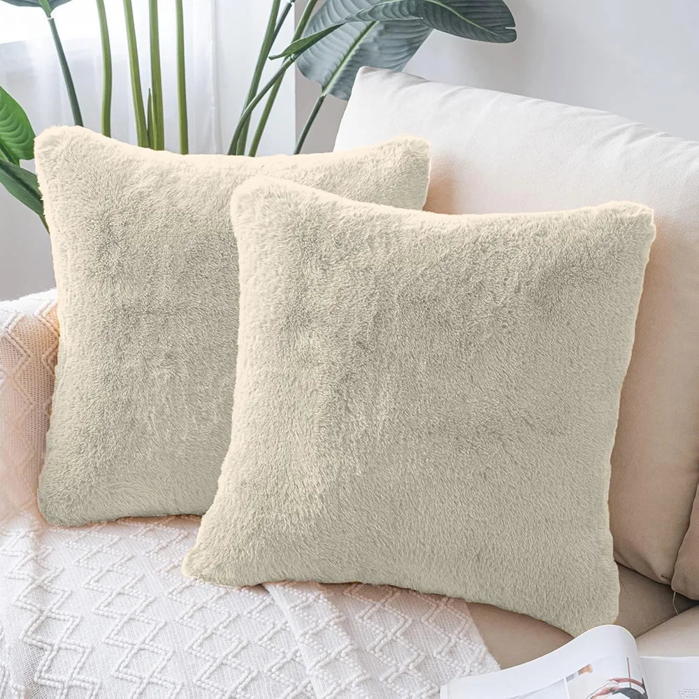Luxe Home Cushion Cover Duble Side Rabbit Fur Plain Design Covers Set of 2 for Sofa BedColour Beige