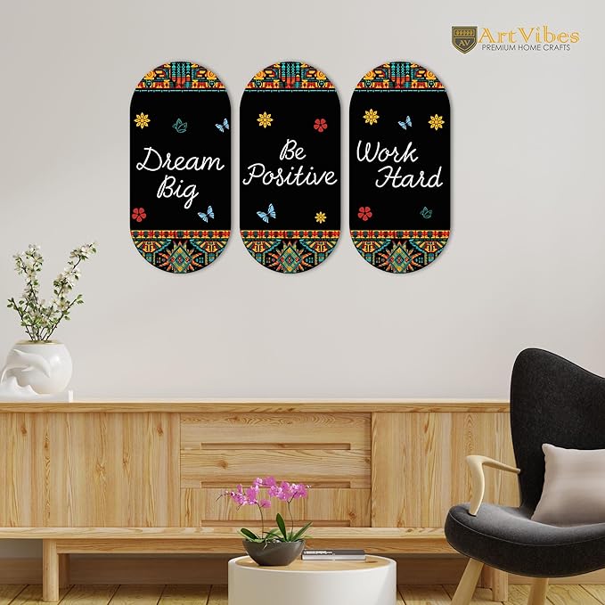 Artvibes Dream Big Positive Quotes Printed Wooden Wall Hanger for Home | Modern Decoration Items | Artworks | Set of 3