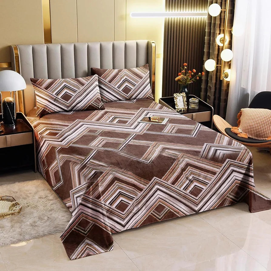 Cloth Fusion Warm Winter Bedsheet for Double Bed King Size with 2 Pillow Covers Zig Brown