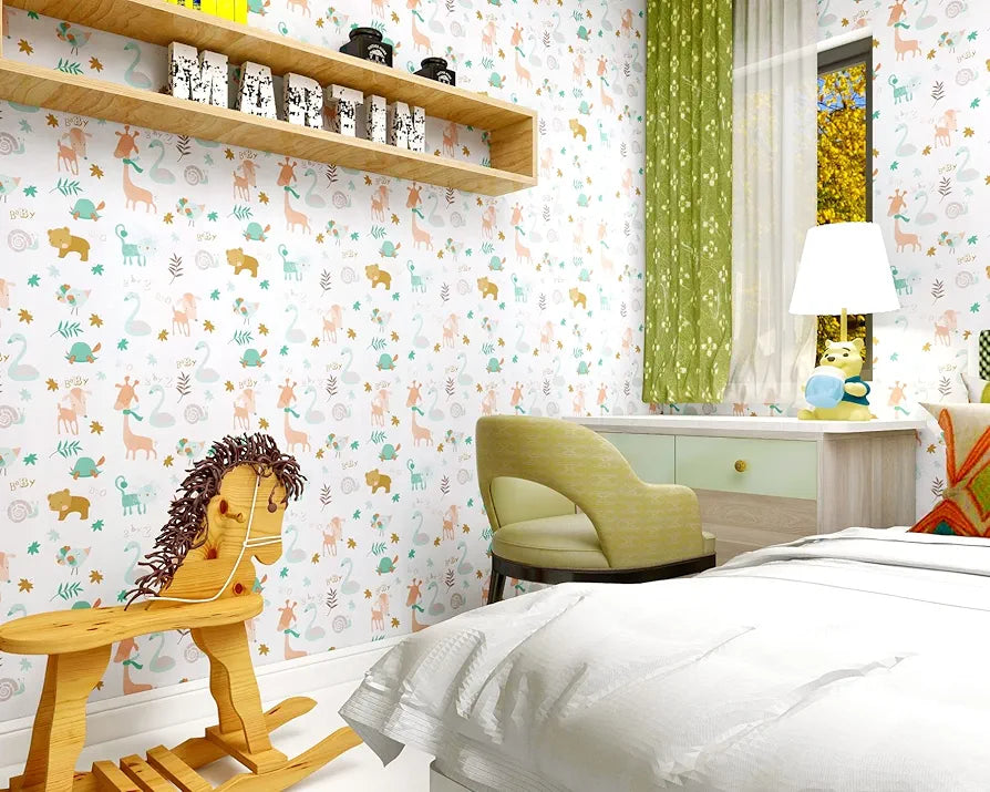 Jaamso Royals White Kids Animal Decoarative Self Adhesive Wallpaper for Walls White