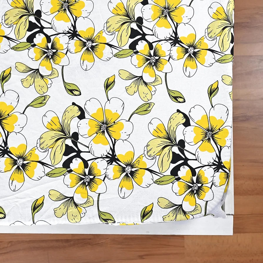 Divine Casa Floret 100% Cotton Double Fitted Bedsheet 144 TC Deep Pocket Design Colour Daffodil Yellow