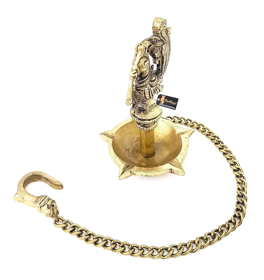 Two Moustaches Handmade Ethnic Peacock Design 5 Oil Wick Brass Hanging Diya