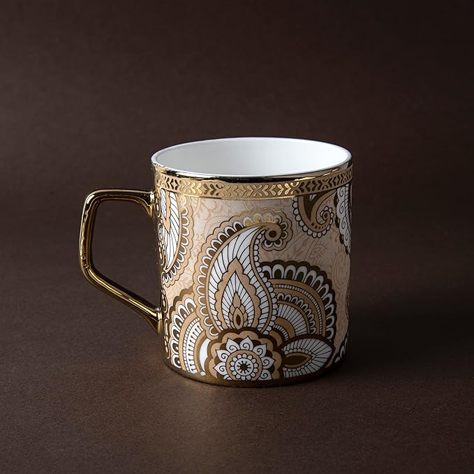 Femora Floral Pattern With Radial Background Golden Coffee Mugs | 180 Ml | Golden | 6 Pieces Set | Not Microwave Safe