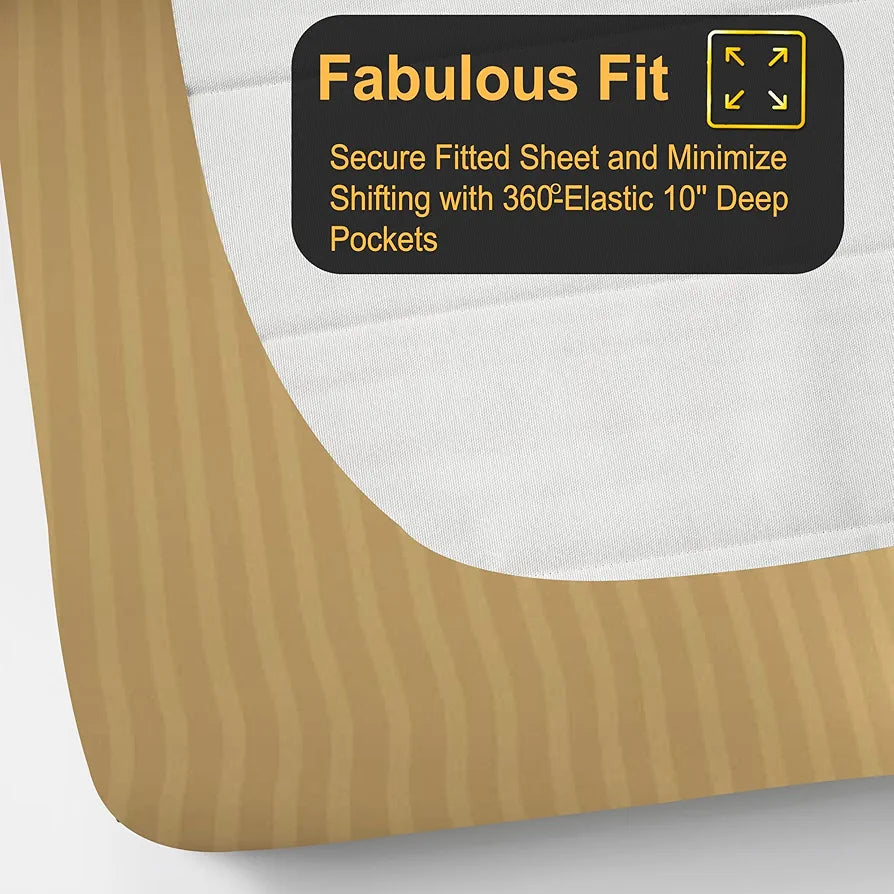 Fresh From Loom 240 Tc Satin Striped King Size Soft Fitted Bedsheet with Two Pillow Cover Elastic Light Brown