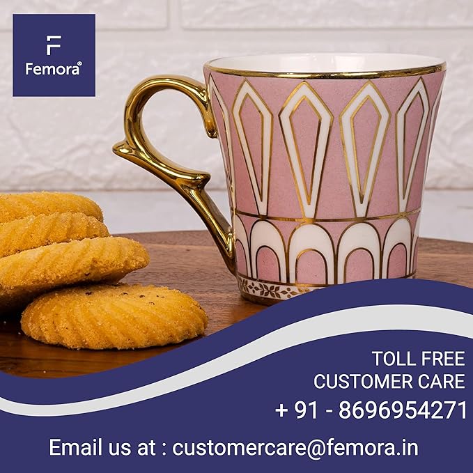 Femora Dropped U Scale Pattern Pattern Golden Tea Mugs, Ceramic Tea Cups, Coffee Mugs | 160 Ml | Pink | 6 Pcs Set | Not Microwave Safe