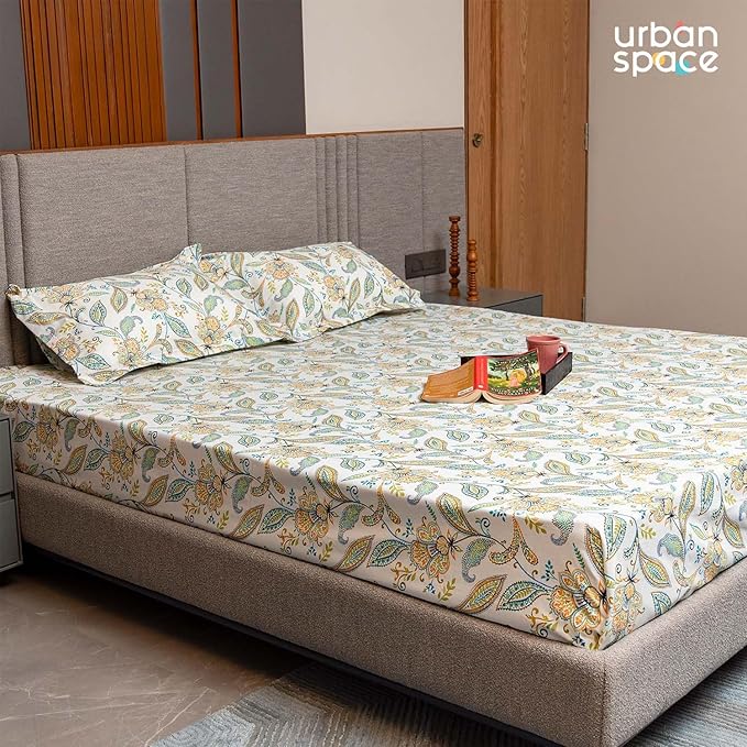 Urban Space Serene Cotton Floral Bedsheet For Double Bed With 2 Pillow Covers (Colour Iris Blue)