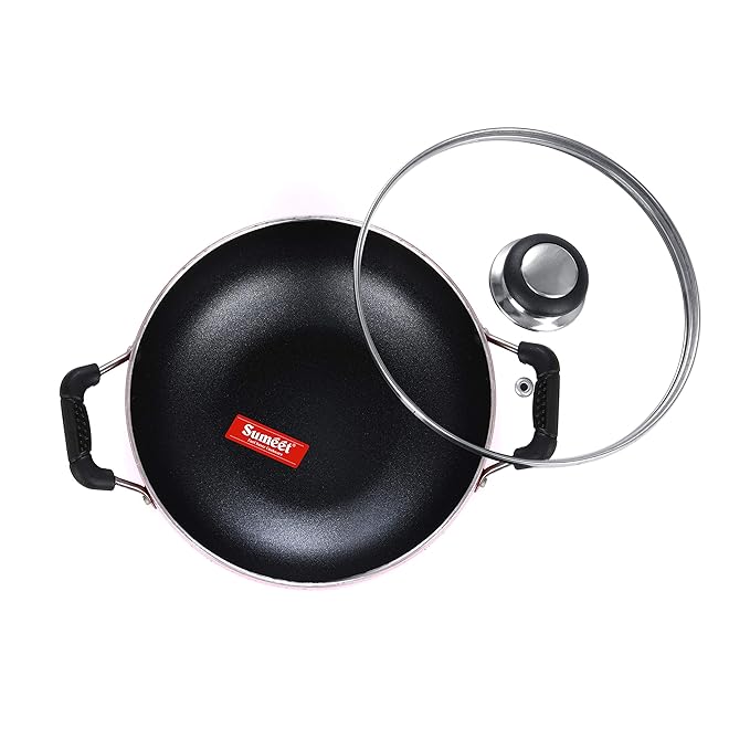 Sumeet 2.6mm Non Stick Glasso Deep Kadhai with Glass Lid1.5 Ltr - 20cm Dia (Red)