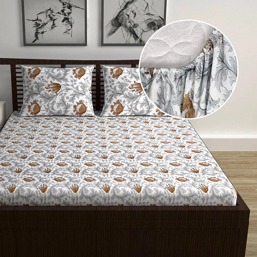 Divine Casa 144 TC Cotton Super Soft Brushed Elastic Fitted Floral Queen Size Double Bed Bedsheet with 2 Pillow Cover Colour Biscuit