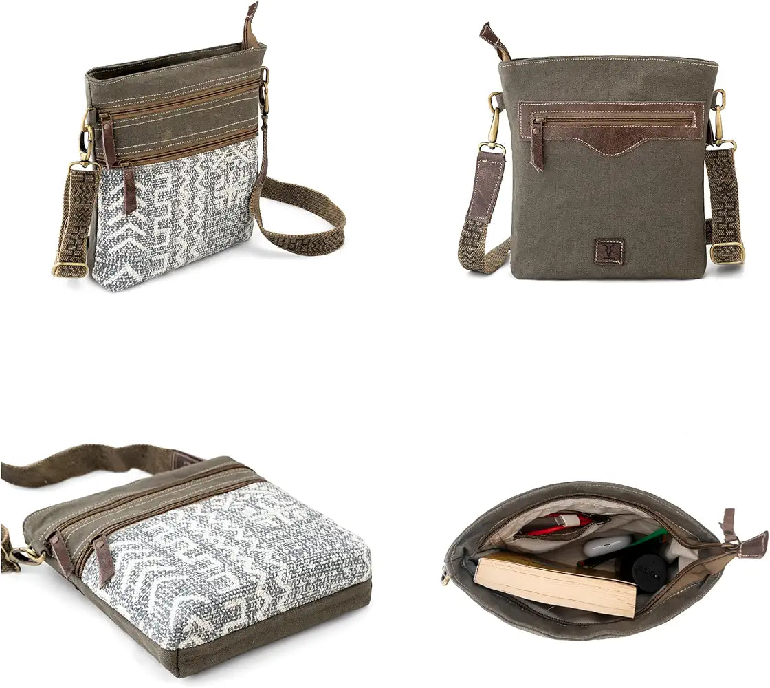 Goatter Cotton Dari And Leather Material Messenger Sling Bag For Women, Green Color
