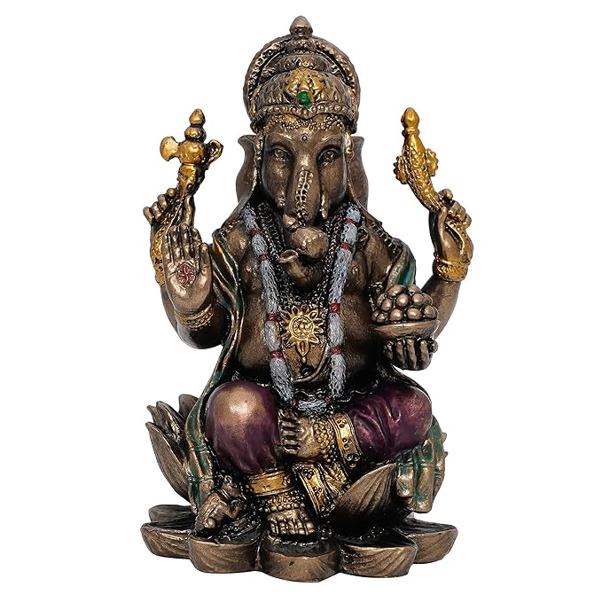 Ecraftindia Resin Bronze Chaturbhuj Lord Ganesha Idol Sitting on Lotus Flower | Ganesha Statue for Puja Room