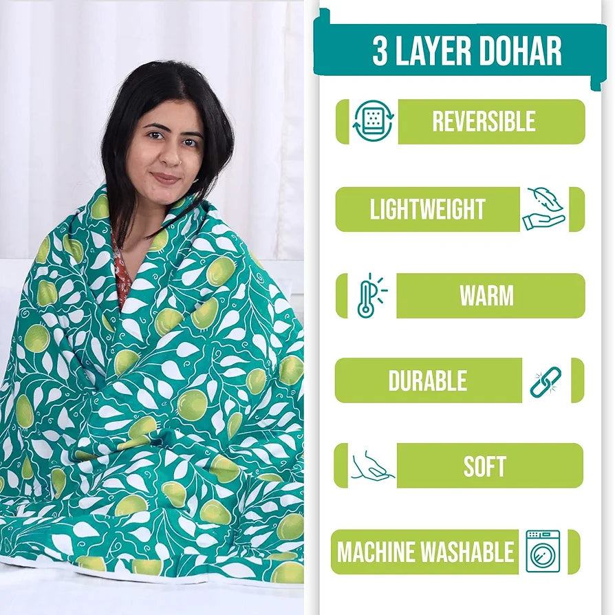 Divine Casa Glace Cotton 120 GSM Reversible Lightweight Printed Single Bed AC Dohar Blanket Quilt Colour Turquoise and Green TC - 120