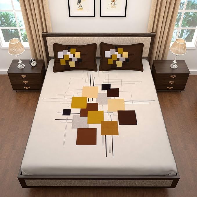 Story@Home Cotton Abstract Print Tevel King Size Bedsheet with 2 Pillow Covers White & Brown Colour