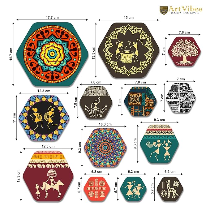 Artvibes Designer Wooden Wall Hanging Decoration for Home | Pack of 13 Pieces