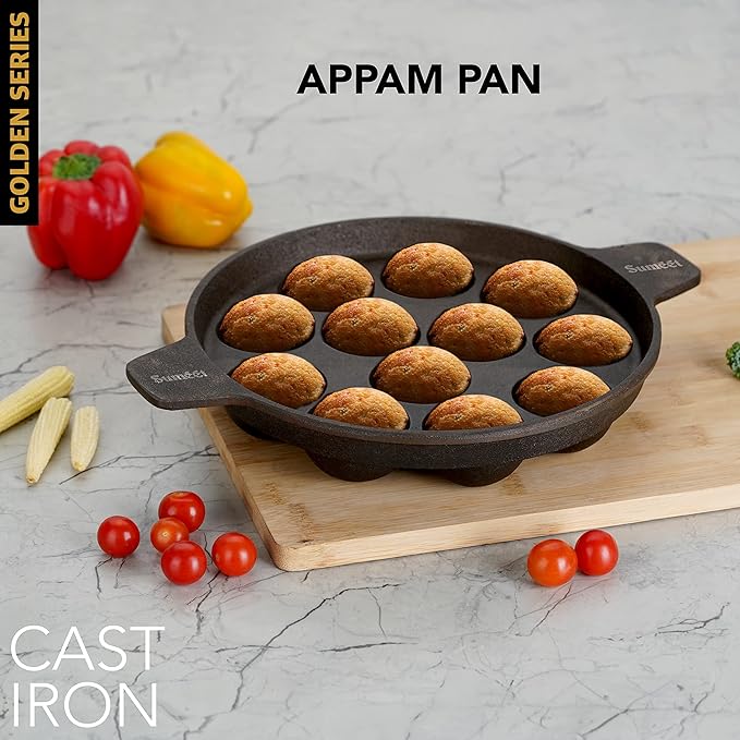 Sumeet Super Smooth Gold Series Pre Seasoned Cast Iron Appam Patra for Paniyaram | 25cm 2.560 kg 12 Pit.