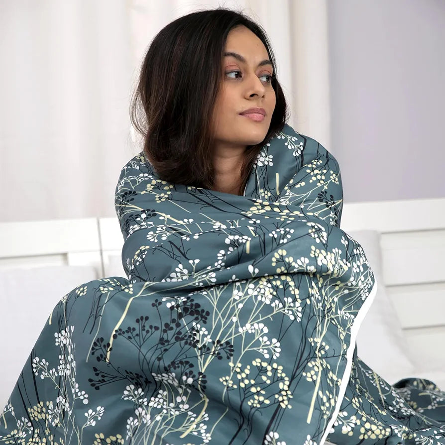 Divine Casa 120 GSM Floral Microfibre Reversible Lightweight Printed Double Bed AC Dohar Blanket Colour Beetal Grey TC - 120