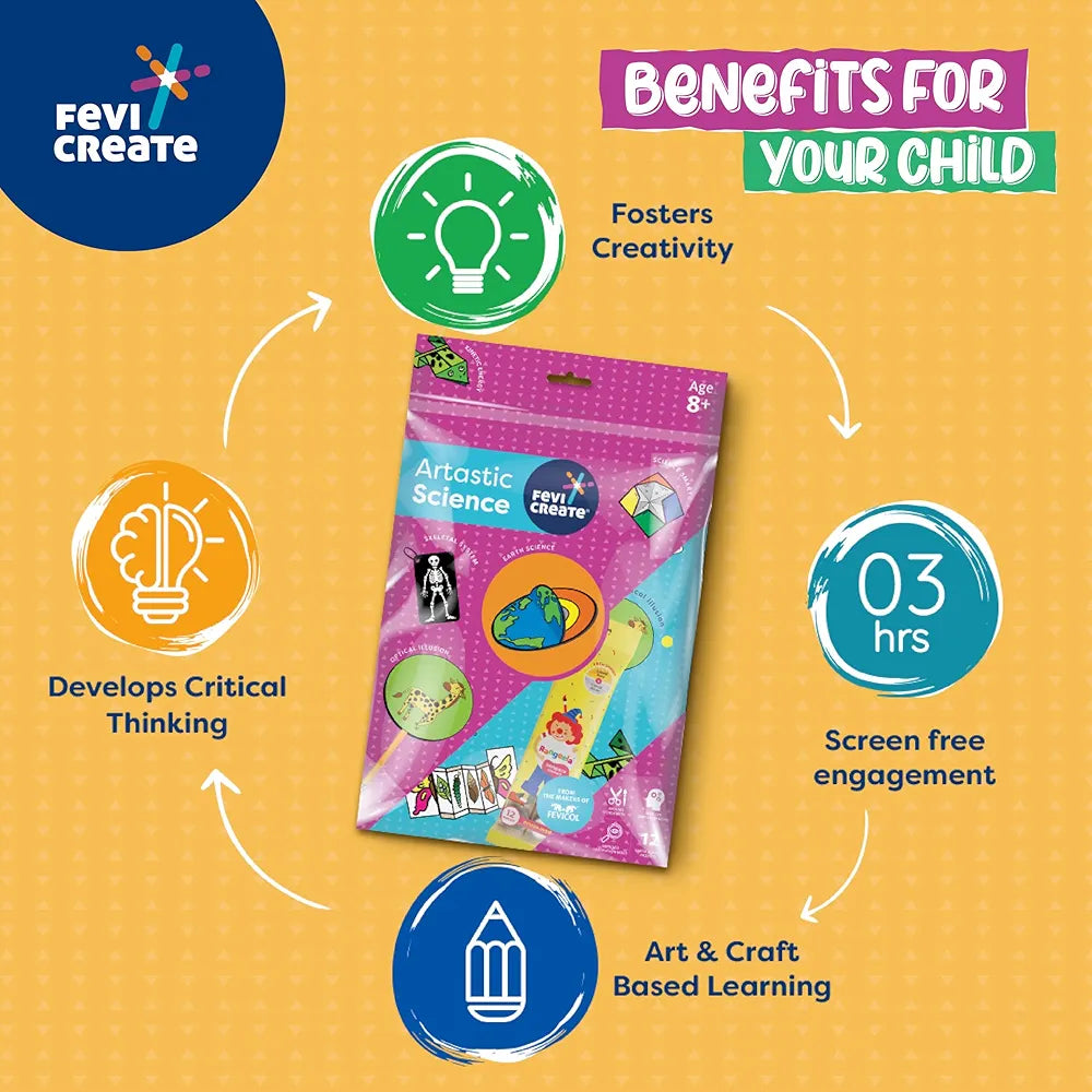 Fevicreate Artastic Science Craft Kit | Project Book with 12 Educational Activities, Colours, Craft Supplies | Fun way to boost child's learning | By Fevicol | Return Gift for Kids Age 8+ years