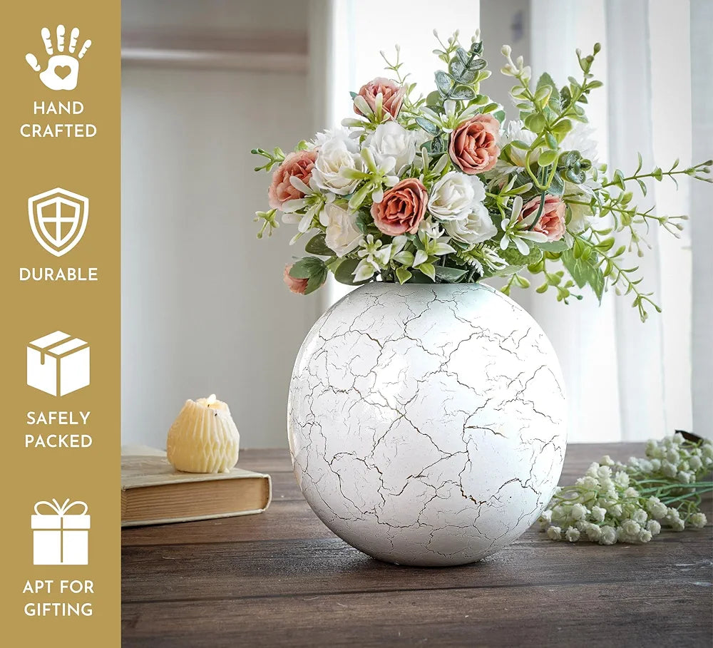 Behoma Metal Ball Vase for Home Decor Off-White Crackled Medium Flowers not Included