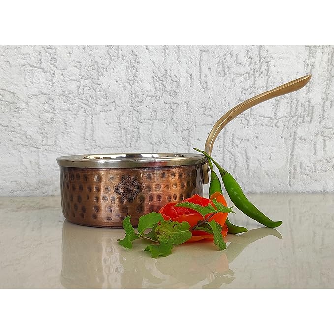 Indian Art Villa Steel Copper Antique Dark Tone Design Sauce Pan with Brass Handle | 600 ml