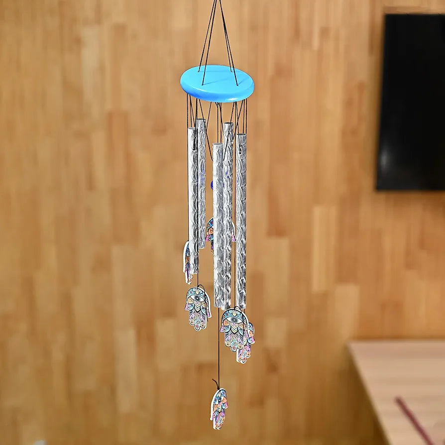 Wind Chimes for Balcony and Home 6 Hamsa Hand 5 Silver Pipe Wind Chime -014