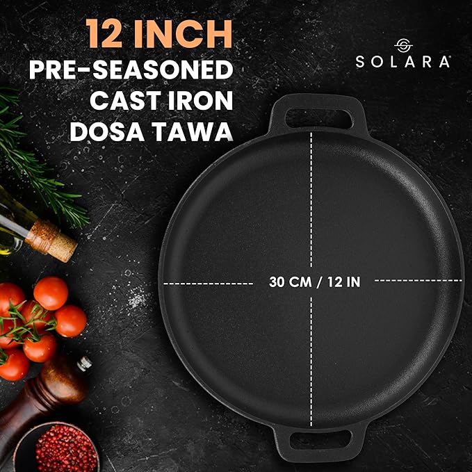 Solara Crown Stone Premium Cast Iron Tawa for Dosa 30 Cm With 2 Loops | Tawa for Dosa | Gas & Induction Friendly