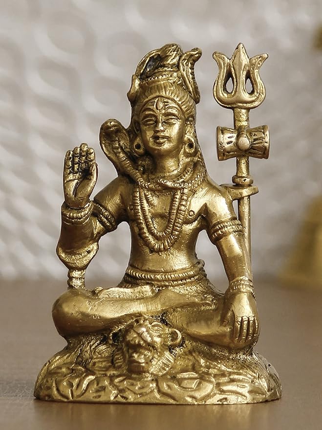 Ecraftindia Golden Brass Handcrafted Blessing Lord Shiva Statue With Trishul, Damru | Hindu God Idol for Puja Room