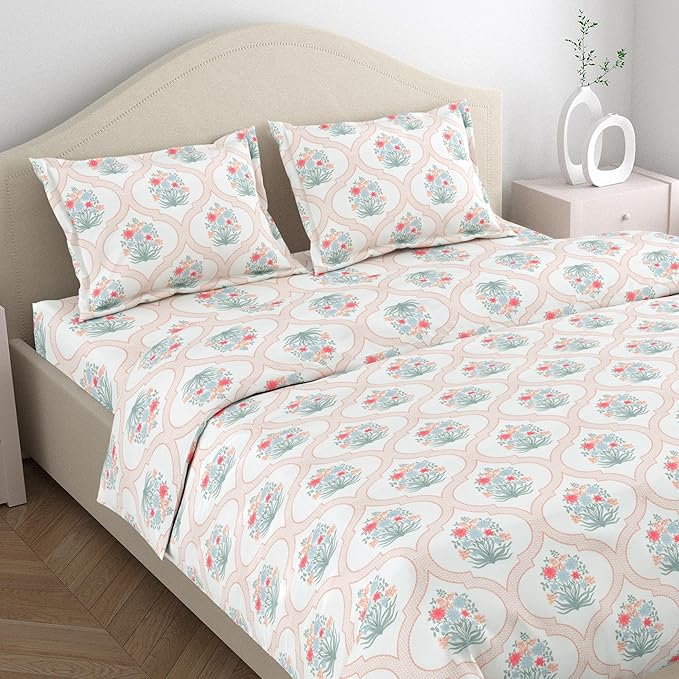 Haus & kinder Cotton Queen Size Bedsheet for Double Bed (90 X 100 Inches) with 2 Pillow Covers | 186 TC | Pink White Floral 1