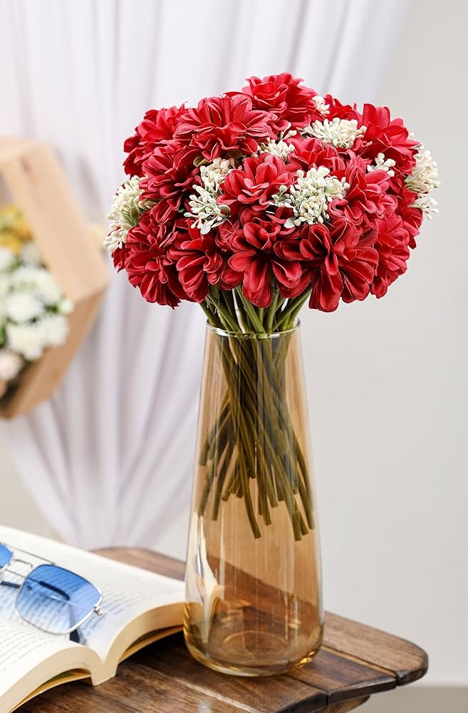 Artificial Dahlia Flower Bunch – 7-Stem Faux Bouquet Realistic Fabric Flower Arrangement Red