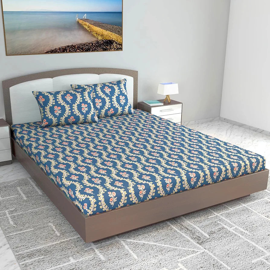 Divine Casa 144 TC Cotton Blue Super Soft King Size Bedsheet Every Day Use King Size Bedsheets Colour Minakari Navy