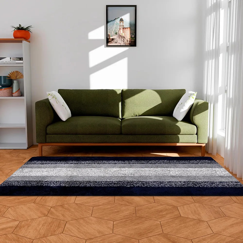 Kuber Industries Shaggy Carpet for Living Room Fluffy Rug for Bedroom Blue Patta Gray