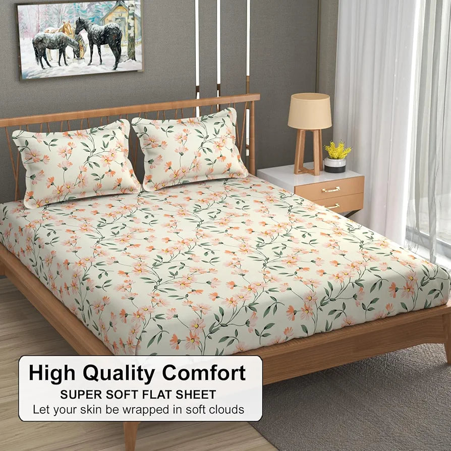 Fresh From Loom King Size Microfiber Floral Print Bedsheet 240 TC Includes 2 Pillow Covers Barely-Peach