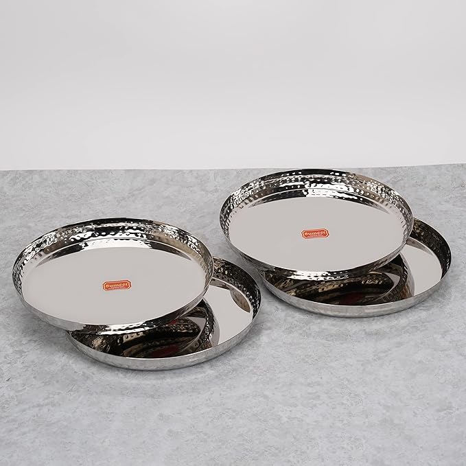 Sumeet Stainless Steel Handcrafted Hammered Texture Heavy Gauge Royal Dinner Plate set of 4 Pc 29.5cm