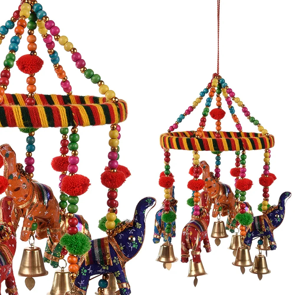 Kuber Industries Rajasthani Traditional Windchimes Hanging Ring Elephant with Bells