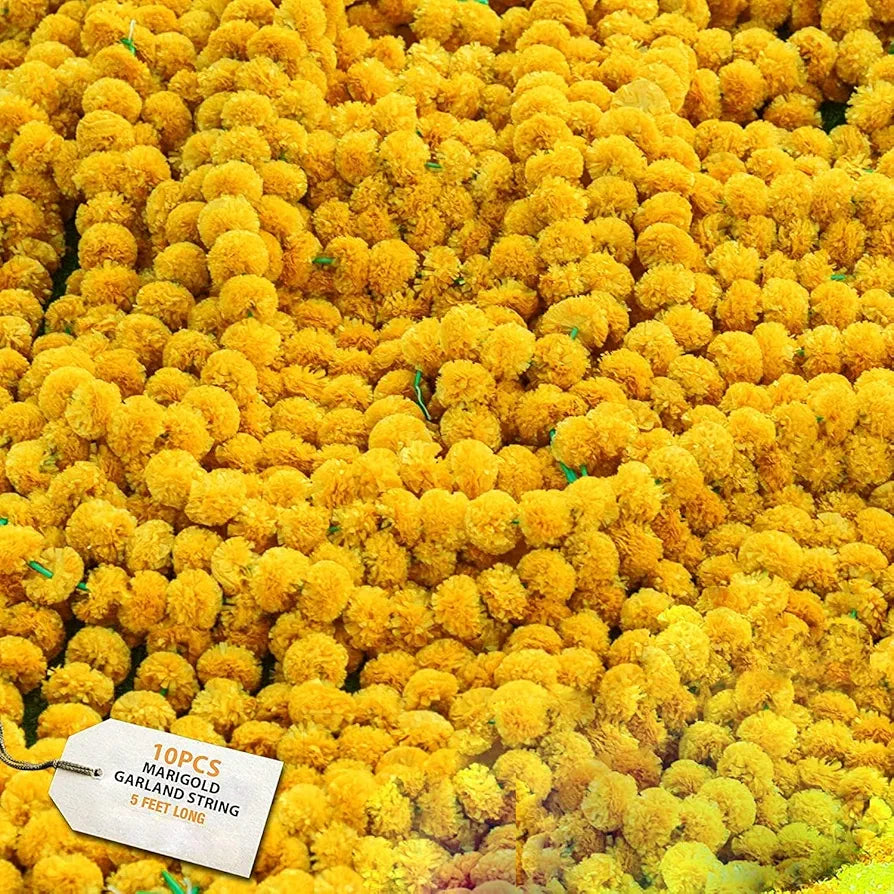 Plastic Artificial Marigold Flowers for Decoration Garland 5 Feet Long yellow-50 pcs(5pkt)