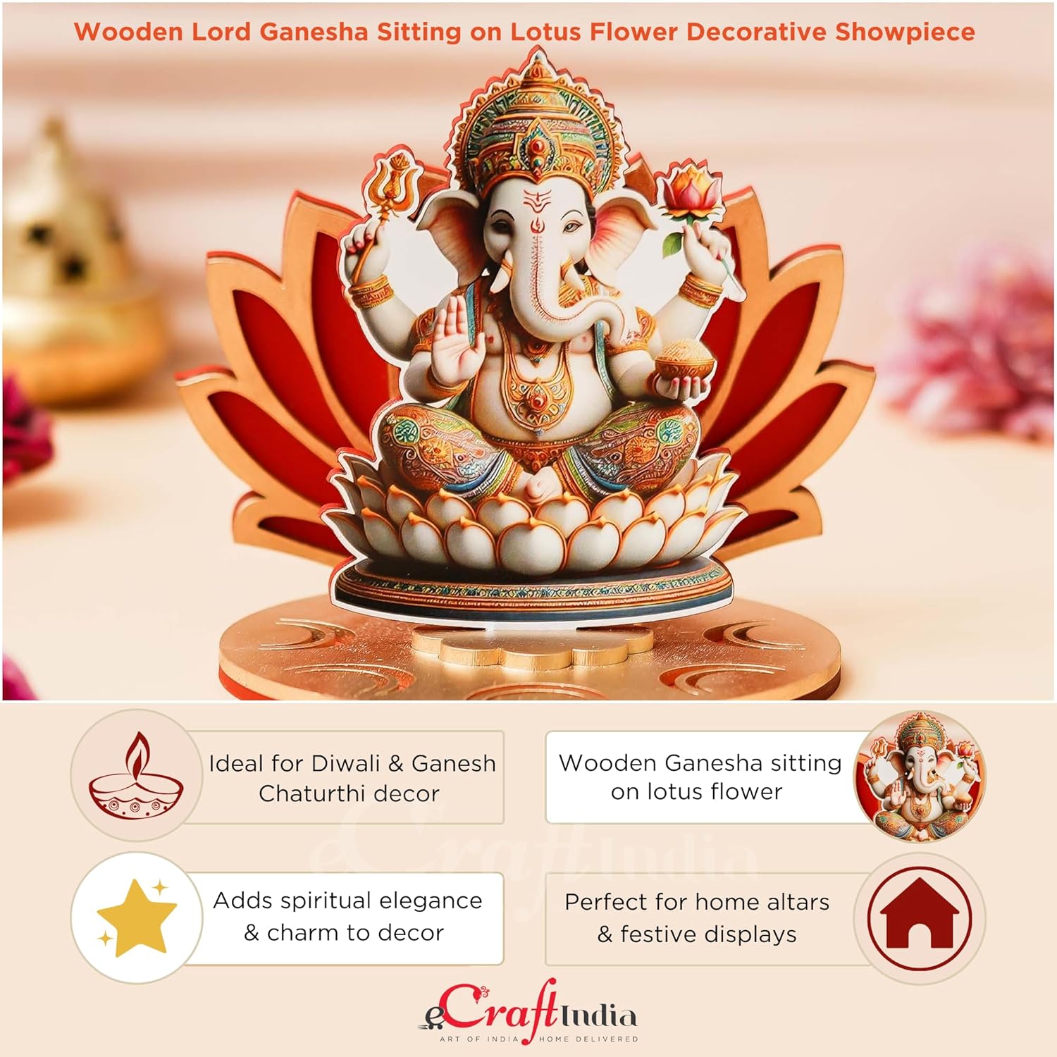 Ecraftindia Mdf Wooden Lord Ganesha Sitting on Lotus Flower Decorative Showpiece for Diwali