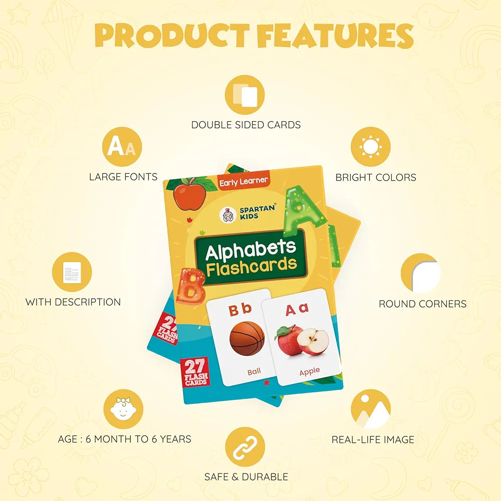 SPARTAN KIDS Alphabets Flash Cards for Kids | 27 Early Learning Flash Cards Easy & Fun Way of Learning 1 Year to 6 Years Babies, for Language_Skills