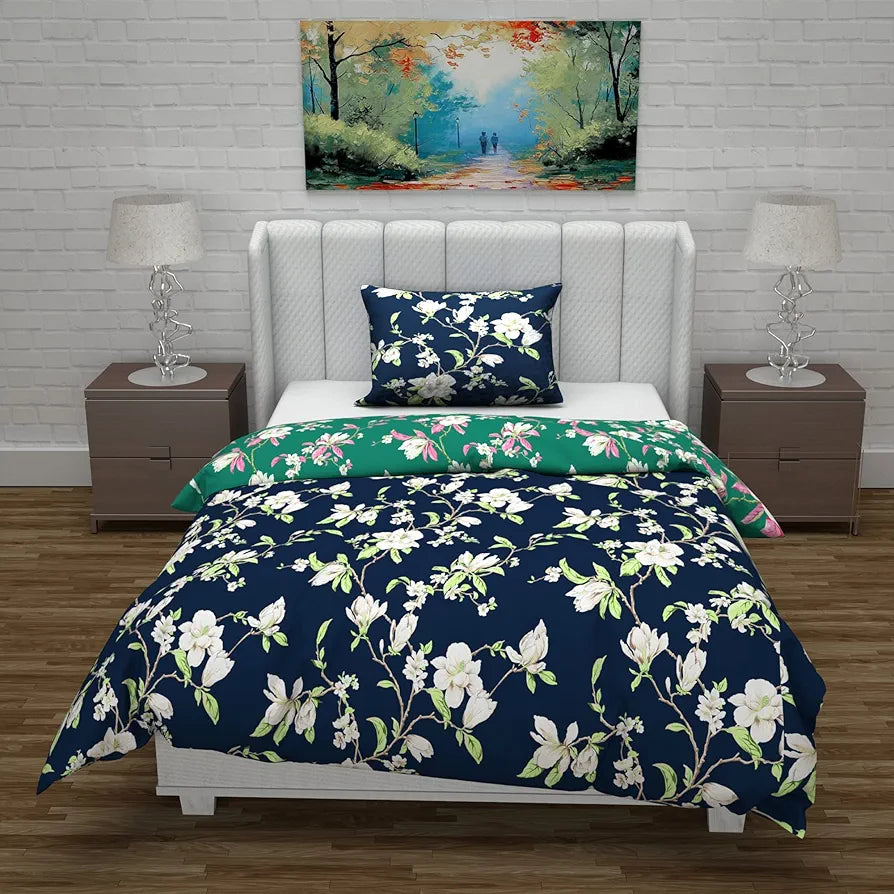 Divine Casa Microfiber Reversible Single Bed AC Duvet Cover Set with 1 Pillow Cover Soft & Cozy for Quilt/Comforter/Blanket  Colour Green & Navy Blue