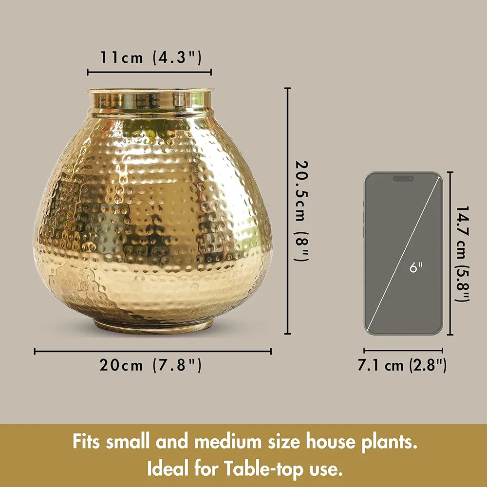 Behoma Matki Shape Metal Flower Vase Hammered Metal Flower Pot Golden Flowers not Included