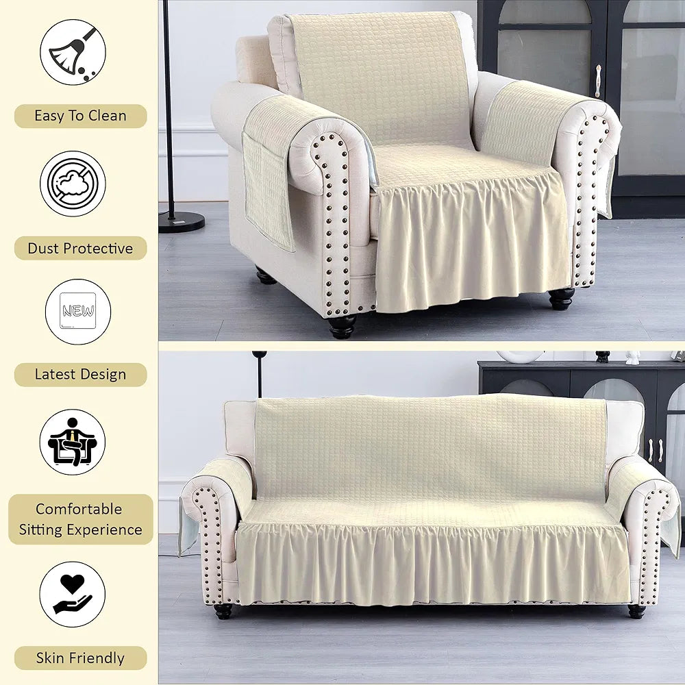 Kuber Industries Soft Velvet Quilted Single Seater Sofa Cover with Pocket Arms Frill Cream