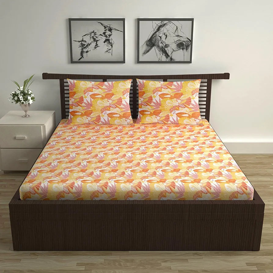 Divine Casa 144 TC 100% Pure Cotton Double Bedsheet with 2 Pillow Covers Floral Paisley Colour Mustard Orange