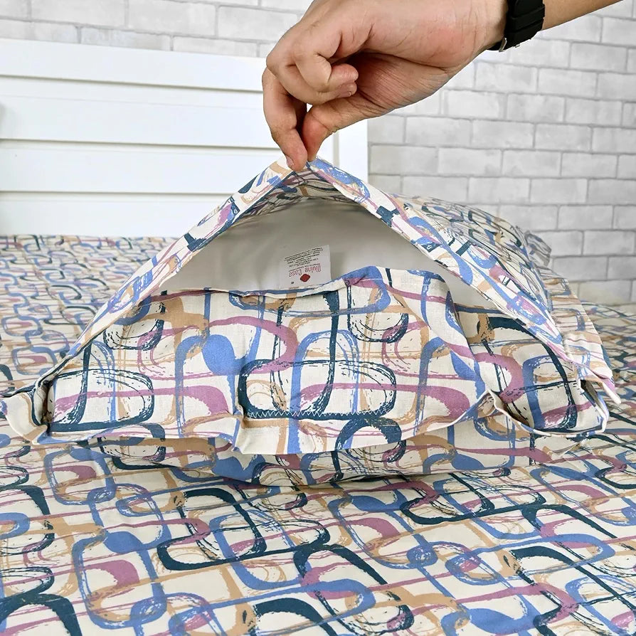 Divine Casa 144 TC Pure Cotton Double Bed Bedsheet with 2 Pillow Covers Abstract Weave Colour Peach Blue