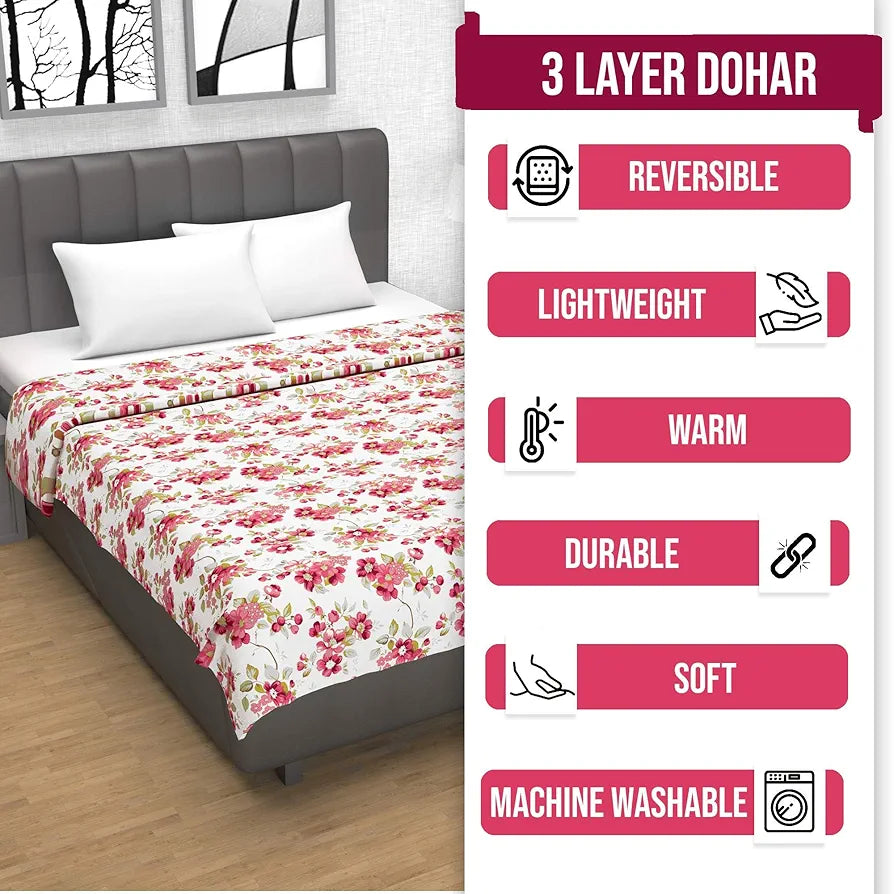 Divine Casa Floret 100% Cotton Double Dohar 120 GSM Soft & Lightweight Throw Blanket Colour Rosy Retreat
