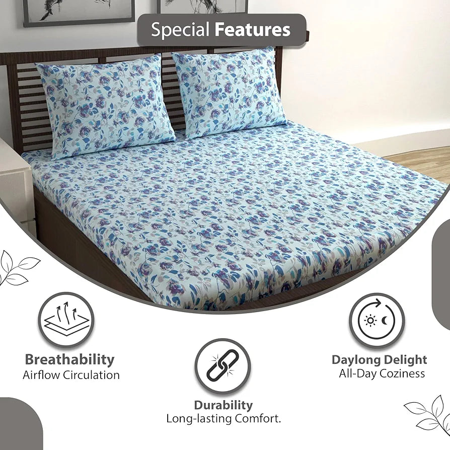 Divine Casa 144 TC Pure Cotton Double Bed Bedsheet with 2 Pillow Covers Floral Pattern Colour Sky Purple Blue