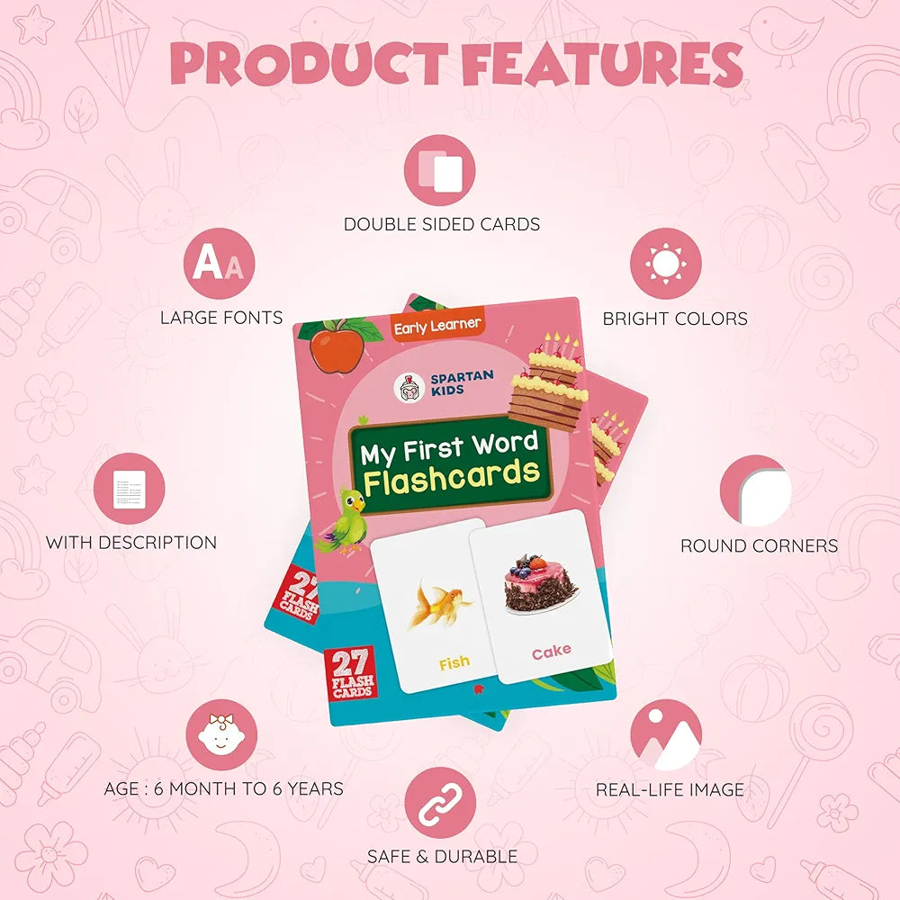 SPARTAN KIDS My First Word Flash Cards for Kids | 27 Early Learning Flash Cards Easy & Fun Way of Learning 1 Year to 6 Years Babies, for Language_Skills