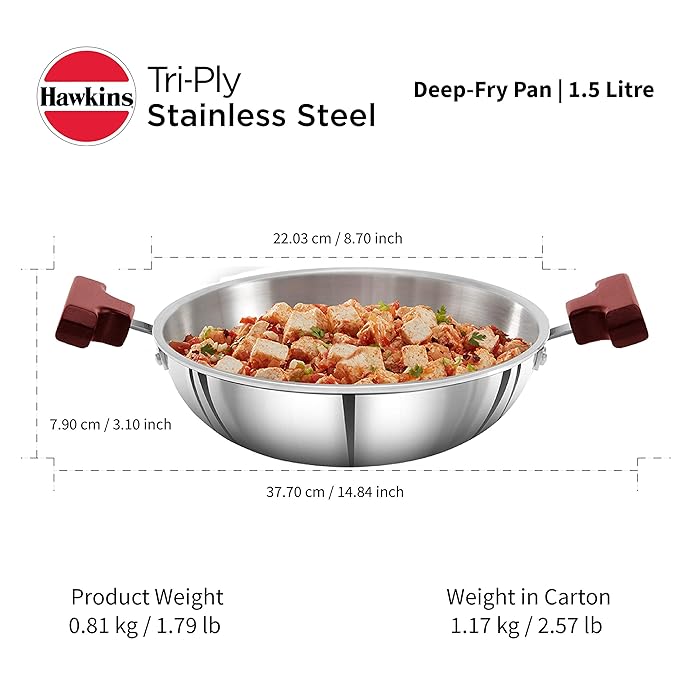 Hawkins 1.5 Litre Deep Fry Pan Triply Stainless Steel Kadai