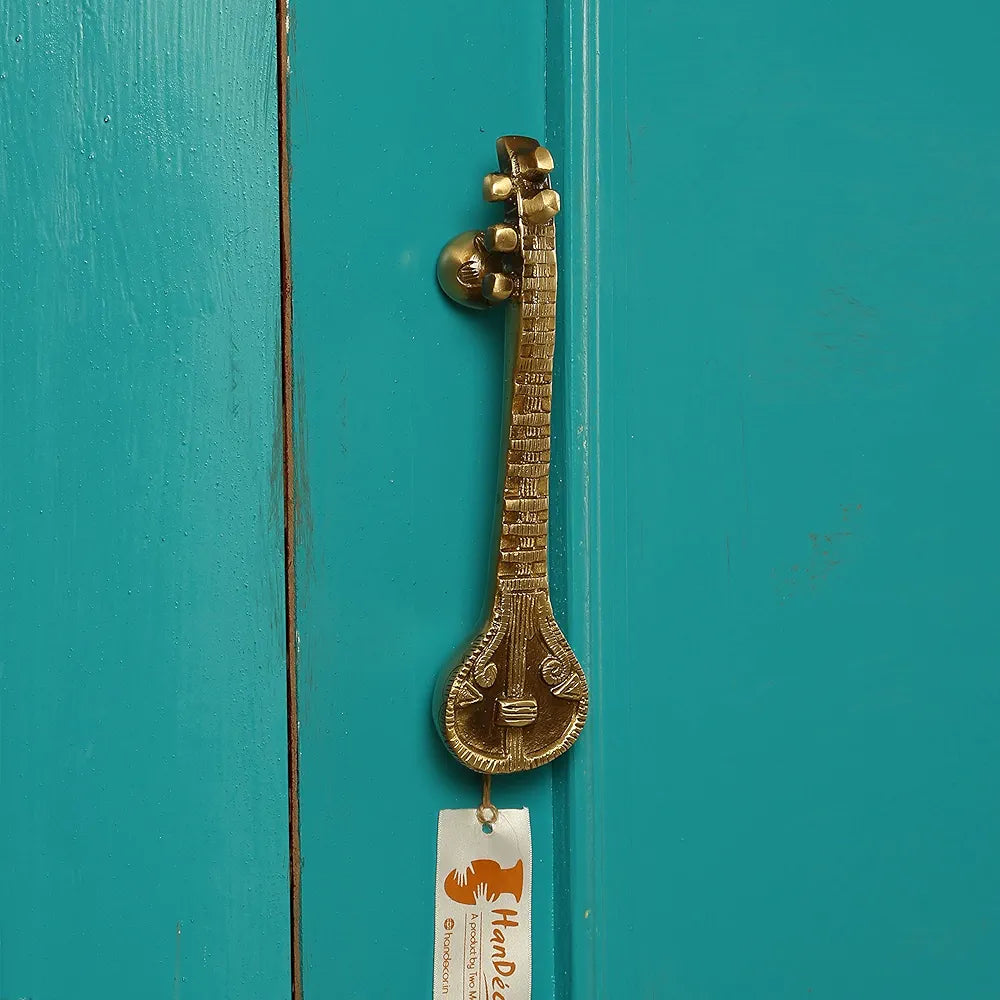 Two Moustaches Sitar Design 8 Inches Brass Door Handle Brass