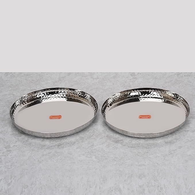 Sumeet Stainless Steel Handcrafted Hammered Texture Heavy Gauge Mirror Finish Royal Dinner Plate set of 2 Pc 29.5cm